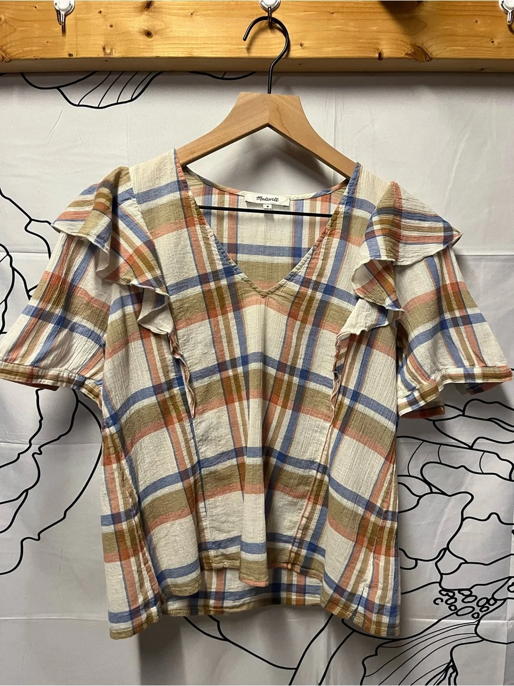 Madewell Plaid V-Neck Ruffle Puff Sleeve Blouse (rack)